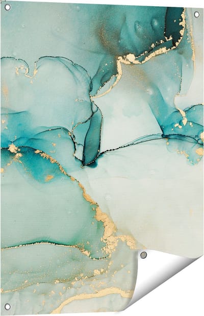 Gards Tuinposter Abstracte Kunst - Blauwe Marmer met Goud - 60x80 cm - Tuindoek - Tuindecoratie - Wanddecoratie buiten - Tuinschilderij