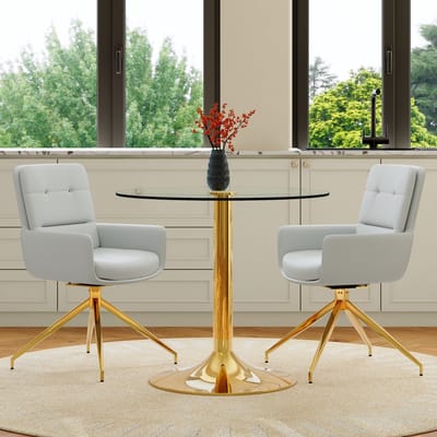 FloraGrace Eettafelset 85 Cm – Ronde Glazen Tafel Met 2 Draaibare Stoelen – Lichte Luxe Voor Eetkamer En Horeca – Metaal En Kunstleer – Goud En Lichtgrijs