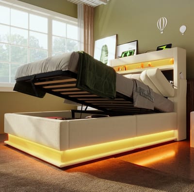 MEUNIQ eenpersoonsbed 90x200 cm met hydraulische opbergruimte, LED-verlichting, hoofdbord met USB en USB-C, stoffen bedframe voor slaapkamer, beige