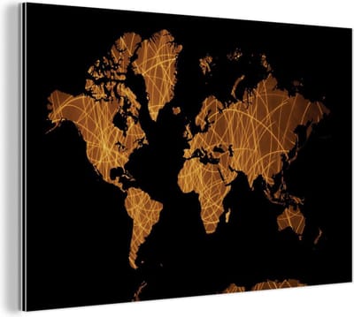 Wanddecoratie Metaal - Aluminium Schilderij Industrieel - Wereldkaart - Zwart - Goud - 120x80 cm - Dibond - Foto op aluminium - Industriële muurdecoratie - Voor de woonkamer/slaapkamer