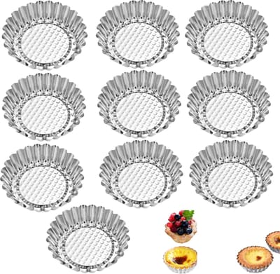 10 stuks- herbruikbare eiertaartvorm - eiertaartvorm - Taartvorm - Ronde taartvorm met groeven - DIY bakgereedschap - Zilver -9.5*9.5*3.3cm- Geschikt voor het bakken van quiche, taarten, eiertaartjes, minitaartjes, puddingcakes en andere baksels
