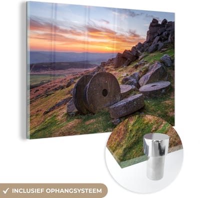 ® Glasschilderij 180x120 cm - Schilderij acrylglas - Molenstenen in rotslandschap van het Nationaal park Peak District - Foto op glas - Muurdecoratie woonkamer - Wanddecoratie slaapkamer - Schilderijen