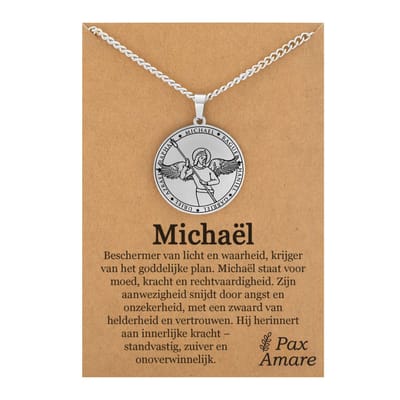 Aartsengel Michaël Ketting op Cadeau Kaartje - Zilverkleurig - Beschermengel Talisman / Medalion - Engelen Hanger - 60cm