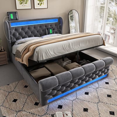 Komhtom Modern gestoffeerd tweepersoonsbed 140 x 200 cm, gestoffeerd bed met ledverlichting, hoofdeinde met opbergruimte en USB- en Type-C-poorten, bed met hydraulische opbergruimte, grijs, fluweel (zonder matras)