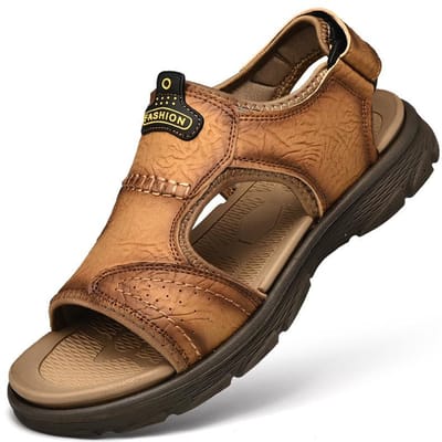 Zomer Eerste Laag Koeienhuid Gesloten Teen Sandalen Heren Nieuwe Echt Lederen Strand Schoenen Heren Koeienhuid Antislip Casual Buiten Schoenen 48 bruin