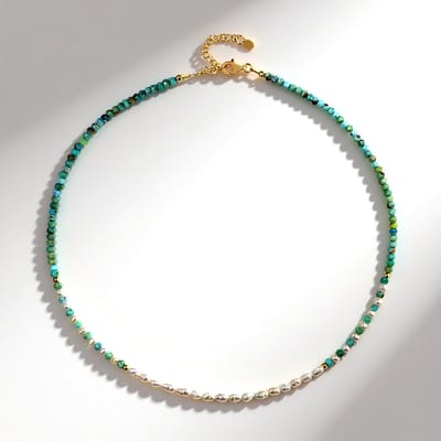 Cavill - Verstelbare Halsketting 925 Sterling Zilver Verguld - Natuurlijke Turkoois 22,686 ct + Witte Zoetwaterparels - Elegant Zomerse Sieraad