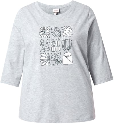 Ulla Popken - Dames - Shirt bladeren ronde hals 3/4-mouwen biologisch katoen - Lichtgrijs melange - Maat 46+