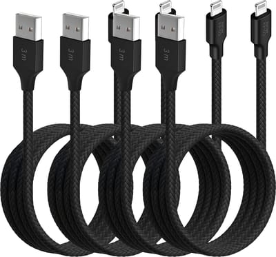 Voordeelbundel kabel geschikt voor iPhone 14 13 12, iPad en AirPods naar Lightning ingang - 4 stuks - 3 meter - Extra lang - Stevig - Zwart
