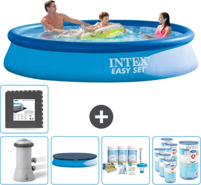 Intex Rond Opblaasbaar Easy Set Zwembad - 366 x 76 cm - Blauw - Inclusief Pomp Afdekzeil - Onderhoudspakket - Filters - Vloertegels