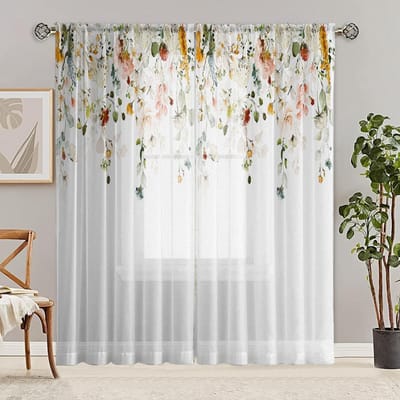 2 Stuks HD Digitaal Amerikaans Kleine Gele Bloemenprint Gordijnen Woondecoratie Stijl Decoreren Woonkamer Slaapkamer Ringen W52H63inchW132H160cm white