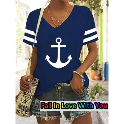 Vrouwen Anchor 3D Print V-hals T-shirt Mode Casual Korte Mouw Voor Lente Zomer Harajuku Vrouwelijke Losse T-shirt Streetwear Top 2XL white