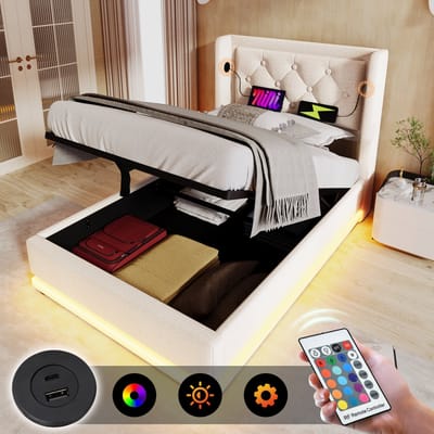 SINGULARITY-Gestoffeerd eenpersoonsbed 90 x 200 cm- beige- hydraulisch opbergbed- hoofdbord met USB Type-C- 3-zijdige LED- met matras