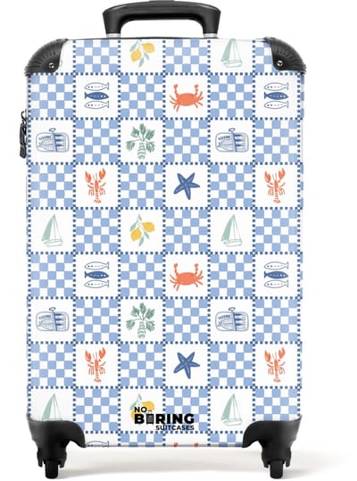 NoBoringSuitcases.com - Koffer - Vierkant zomer print blauw - Past binnen 55x40x20 cm en 55x35x25 cm - Trolley handbagage - Valiezen met wieltjes volwassenen - Reiskoffer op wielen - Rolkoffer lichtgewicht