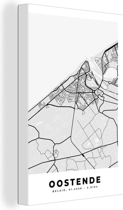 Canvas Schilderij België – Oostende – Stadskaart – Kaart – Zwart Wit – Plattegrond - 20x30 cm - Wanddecoratie