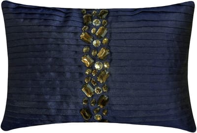 Luxe Navy Blauwe Lendenkussenhoes 30x60 cm met Kristallen - Gestreept Zijde Kussen Sierkussen