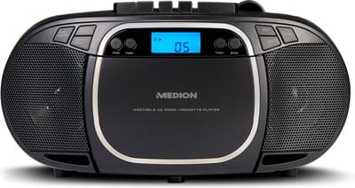 MEDION E66476 Stereo Sound Systeem (Boombox, CD-speler, MP3, cassette, draagbare cassettespeler voor kinderen, FM-radio, AUX, hoofdtelefoon, netstroom & batterij), zwart
