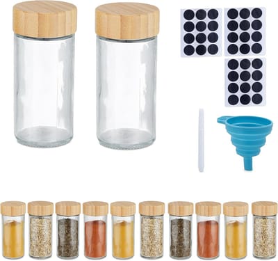 Famanu - Ronde kruidenpotjes, set van 12, glazen potjes, bamboe deksel, labels & stift, strooidop, transparant/natuur