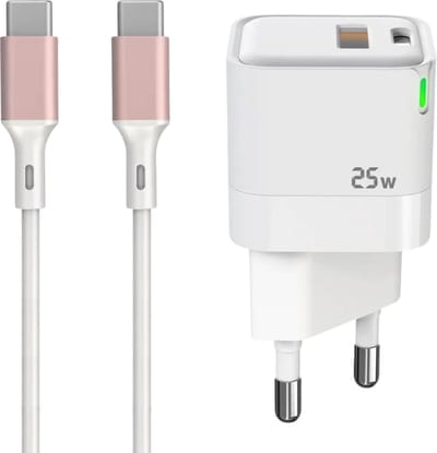 GB Mini Snellader 25W – USB-C + USB-A – Incl. 2m USB-C Kabel (Pink Sand) – Compact & Stevig – Voor iPhone 15 - 16, Samsung, iPad, MacBook & Meer