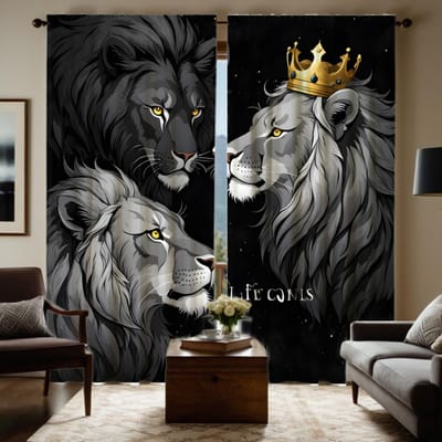 2 pièces Rideau décoratif HD Trois Lions Rideau imprimé numérique à nouettes noires Décoration de style Décoration salon chambre W52H63inchW132H160cm gray