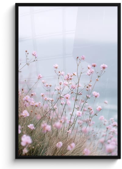 Poster in lijst - Fotolijst 80x120 cm - Posters - Klif - Bloemen - Zee - Roze - Posterlijst zwart - Decoratie - Wanddecoratie woonkamer - Muurdecoratie slaapkamer