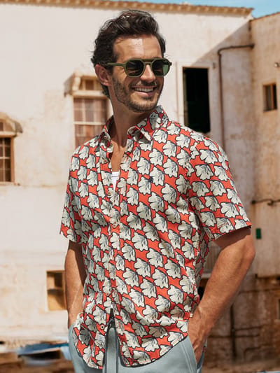 LERROS Overhemd met korte mouwen en bloemen-all-overprint , Maat: L , Kleur: VIVID RED , 80% katoen, 20% linnen