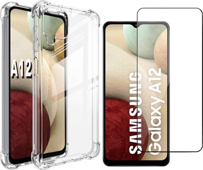 Hoesje geschikt voor Samsung Galaxy A12 - Anti Shock Proof Siliconen Back Cover Case Hoes Transparant - Tempered Glass Screenprotector