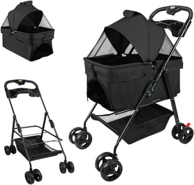 2-in-1 opvouwbare kinderwagen voor katten en puppy's met afneembare reiswieg, opvouwbare kinderwagen voor honden, kussen, veiligheidslijn, tot 20 kg, 50 x 65 x 99 cm, zwart