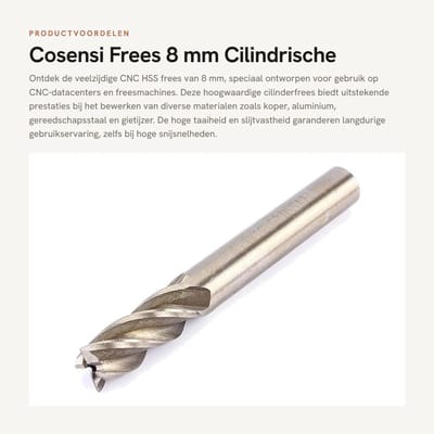 Dailygoods- Eindfrees HSS 8 mm - CNC Frees - Slijtvast - Hoge Taaiheid - Voor Staal/Aluminium - Vermindert Gereedschapswisselingen - Frezen