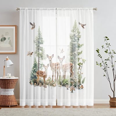 2 stuks HD digitaal bos eland bedrukt raamscherm Woondecoratie Stijl Woonkamer Slaapkamer Decoreren Rodding Gordijn Effect Sty W52H63inchW132H160cm white