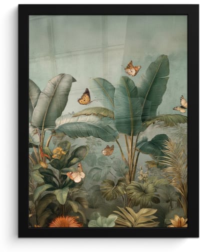 Poster in lijst - Fotolijst 30x40 cm - Posters - Tropisch bladerdek - Vlinders - groen - Bruin - Posterlijst zwart - Decoratie - Wanddecoratie woonkamer - Muurdecoratie slaapkamer