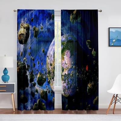 Galaxy Tule Gordijnen Blauw Rood Planeten Orbitale Ring Sterren Buitenruimte Transparant Voile Gordijn voor Woonkamer Slaapkamer Keuken Decor 1 PCS W100XH250cm&Grommet Top