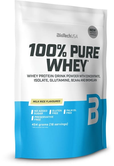 BioTechUSA 100% Pure Whey | Eiwitpoeder met BCAA en Glutamine | Glutenvrij, Palmolievrij | 21g Eiwit per portie, 454 g, Melk Rijst