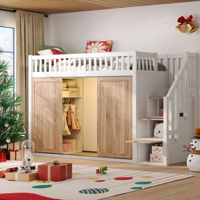 Sweiko Hoogslaper - 90 x 200 cm - Met kledingkast - LED-verlichting - Kinderbed - Wit + Natuurlijke