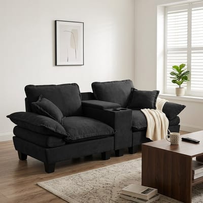 MODFU Bank - Met Opbergruimte En Bekerhouders - Zeilbootdesign - Voor Woonkamer Of Appartement - Chenille - Zwart - 224 x 82 x 90 cm