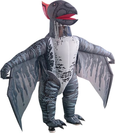 KIMU® Opblaas Kostuum Pterosaurus Grijs - Opblaasbaar Pak - Dinopak Mascotte Opblaaspak - Opblaasbare Dinosaurus Vliegende Dino Dames Heren Festival