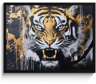 Poster in lijst - Fotolijst 70x50 cm - Posters - Tijger - Verfspatten - Goud - Posterlijst zwart - Decoratie - Wanddecoratie woonkamer - Muurdecoratie slaapkamer