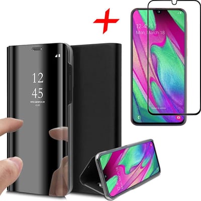 Hoesje geschikt voor Samsung Galaxy A40 - Screen Protector FullGuard - Book Case Spiegel Zwart & Screenprotector