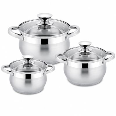 Royal Swiss® Pannenset – 6-delig – kookpotten inductie – RVS – Kookpannen met Glazen Deksel – Ø18,20,24 cm