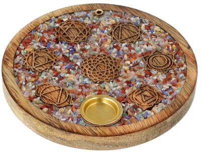 Wierookkegelhouder 7 Chakra's gemengde chakrastenen mangohout - 10 cm