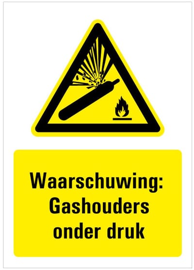 Waarschuwing voor gashouders onder druk bord met tekst 148 x 210 mm
