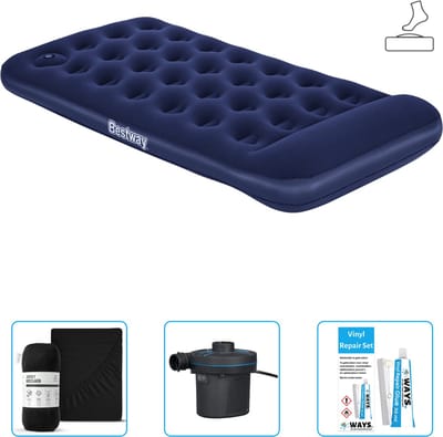Bestway luchtbed - 1-Persoons - 99 x 188 x 28 cm - Blauw - Inclusief pomp - Hoeslaken - Pomp en Reparatieset