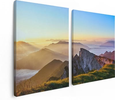 Artaza Canvas Schilderij Tweeluik Zonsopkomst In De Bergen In De Alpen - 120x80 - Foto Op Canvas - Canvas Print