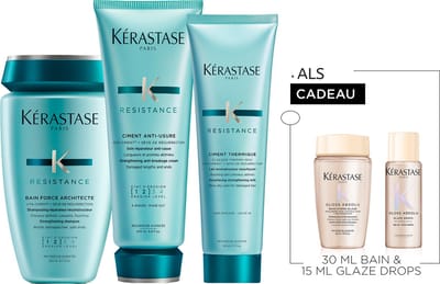 Kérastase Résistance Trio + 2 Cadeau's - Herstellende Shampoo 250ml, Conditioner 200ml & Hittebeschermende verzorging 150ml + Gloss Absolu Anti-frizz Shampoo 30ml & Haarolie 15ml cadeau - Beschadigd Haar