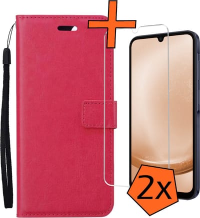 Hoes - Met 2x Screenprotector - Geschikt voor Samsung Galaxy A25 - Luxe Pasjeshouder - Bookcase Portemonee - Flip Case - Kunstleer Book Case - Flipcase Hoes - Book Cover - Walletcase - PortemonneeHoes - Donkerroze