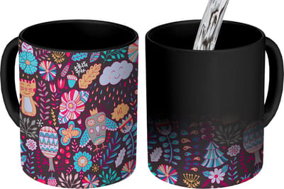 Magische Mok - Foto op Warmte Mokken - Koffiemok - Patroon - Uil - Kat - Bloemen - Magic Mok - Beker - 350 ML - Theemok