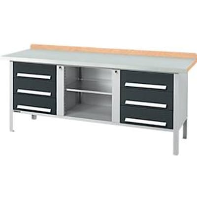 Box-type werkbank Schäfer Shop Select PW 200-2, beuken multiplex blad, met stalen afdekking, tot 750 kg, B 2000 x D 700 x H 840 mm, antraciet