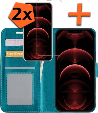Hoes - Met 2x Screenprotector - Geschikt voor Apple iPhone 14 Plus - Luxe Pasjeshouder - Bookcase Portemonee - Flip Case - Kunstleer Book Case - Flipcase Hoes - Book Cover - Walletcase - PortemonneeHoes - Turquoise