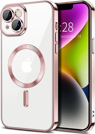 Hoesje geschikt voor Apple iPhone 14 - Techsuit Luxury Crystal Back Cover - Geschikt voor MagSafe - Transparant/Roze