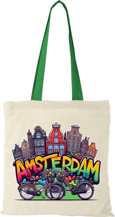 Canvas tas - Amsterdam grachtenpanden en fietsen groen - katoenen tas - schoudertas dames - tassen dames - schoudertassen