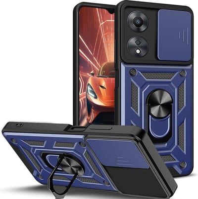 Casemania Hoesje Geschikt voor Oppo A58 4G - Blauw - Anti-Shock Hybrid Armor Back Cover - Hoes met Kickstand Ring en Camera Bescherming